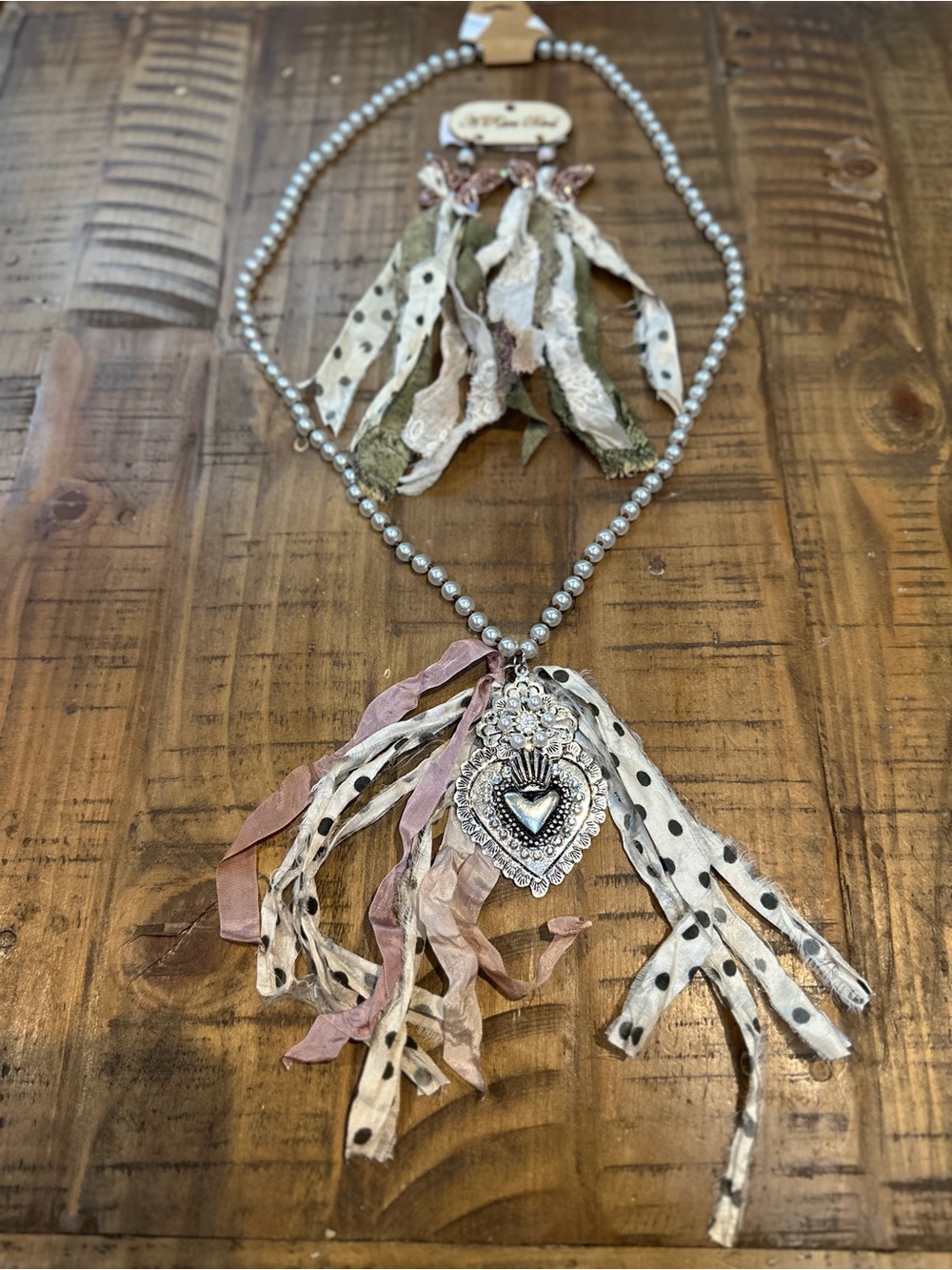Women’s Beaded Necklace with Silver Heart Pendant and Pink Ribbon Accents